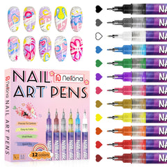 Nelrona 12-color nail art pens set displayed for versatile DIY designs.