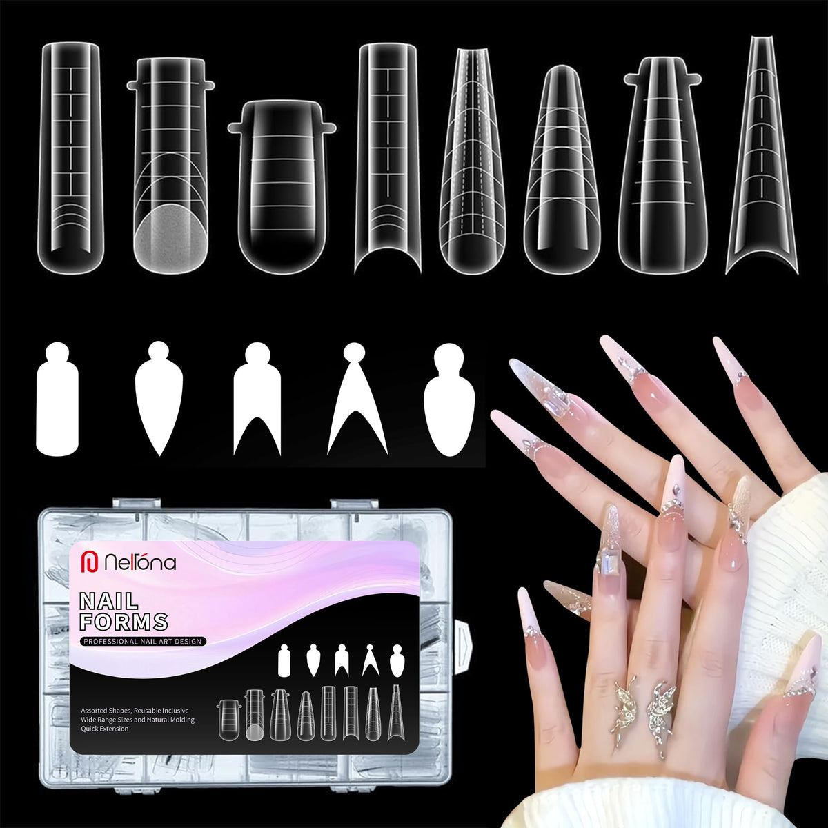 Nelrona dual nail forms kit for at-home extensions and salon-quality tips.