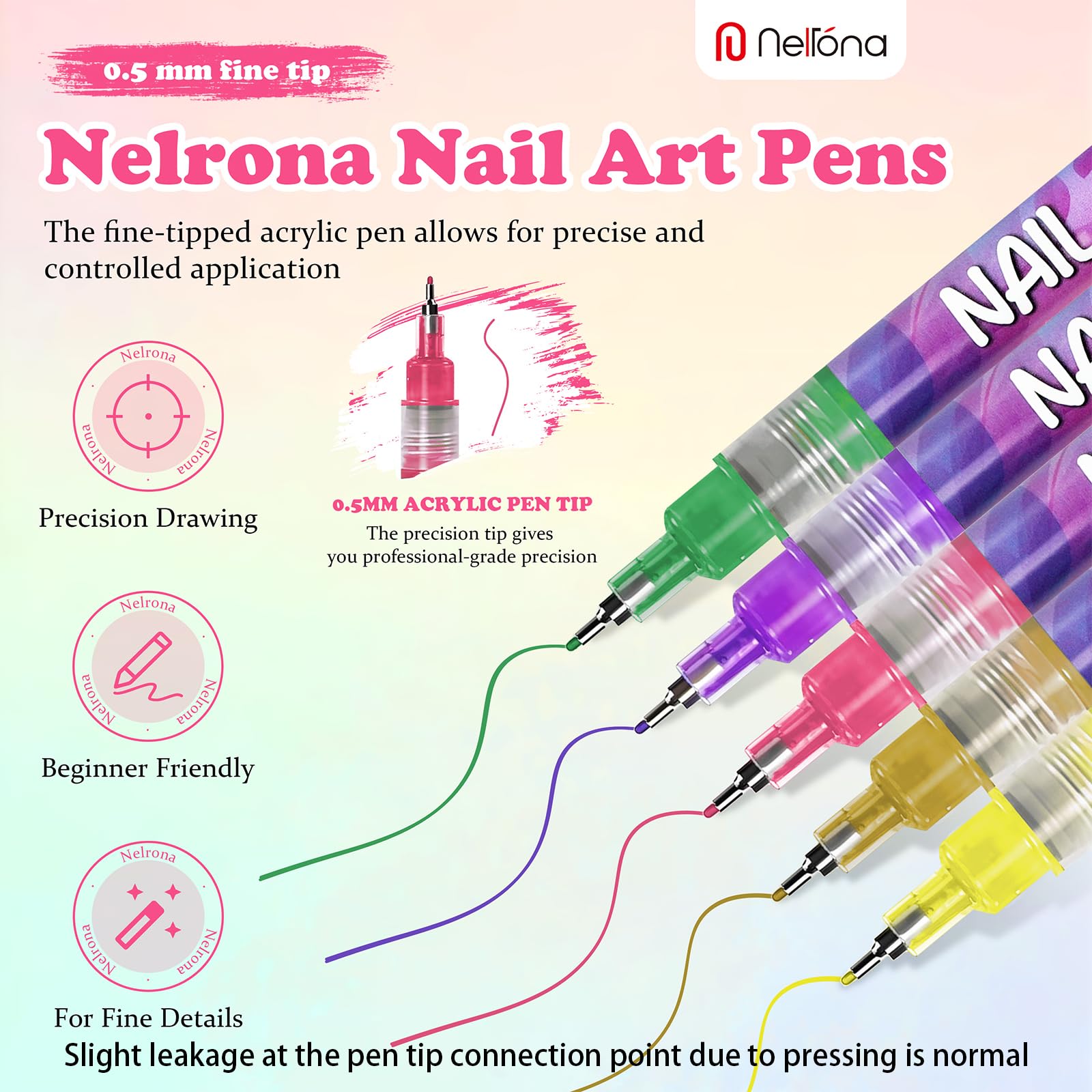 Nelrona fine-tip pen drawing precise floral details on nails.