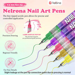 Nelrona fine-tip pen drawing precise floral details on nails.