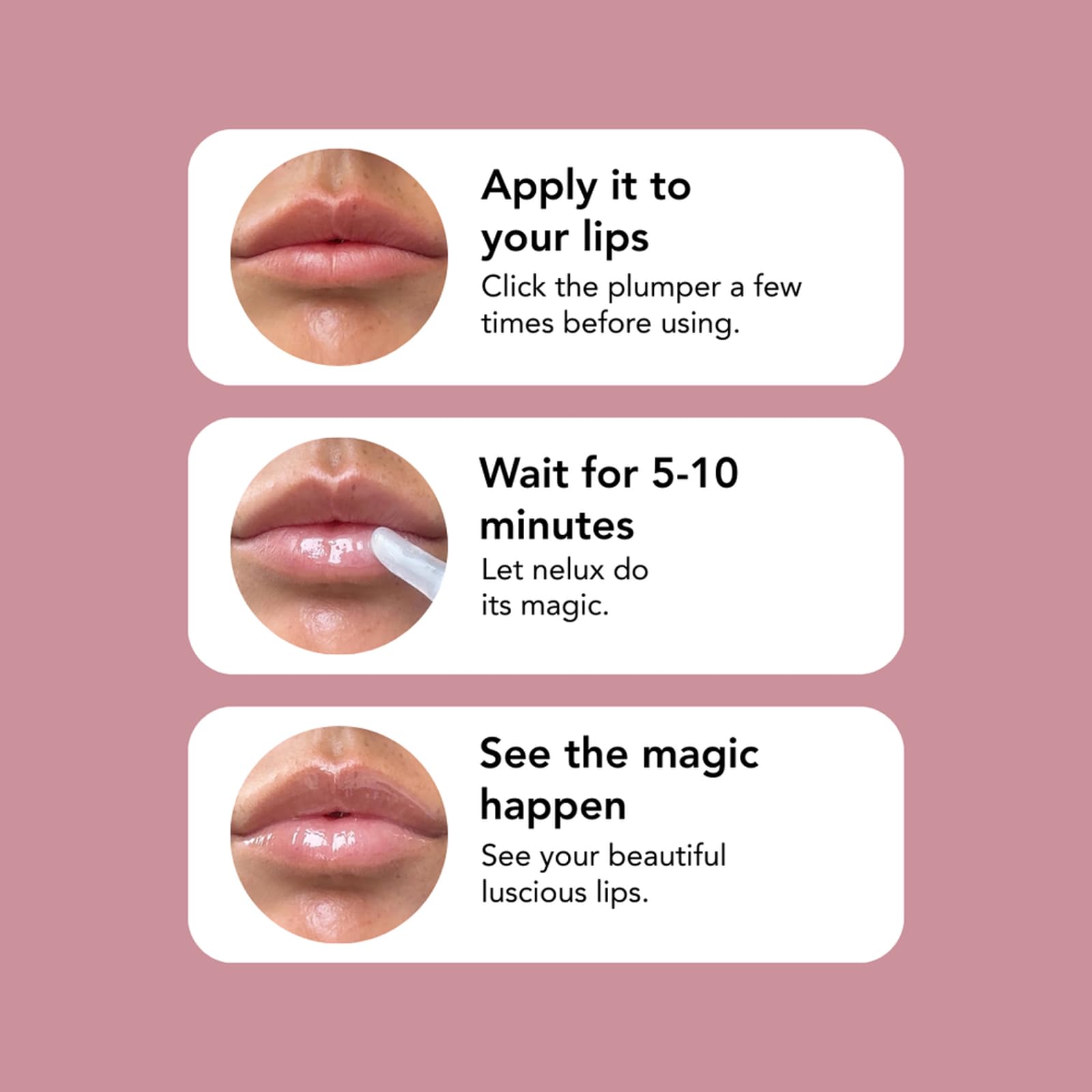 Nelux aumento labial para maquillaje natural y pulido.