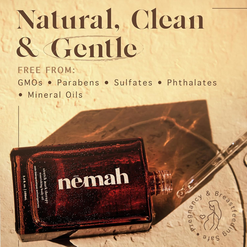 Nemah Belly Oil after-shower routine with quick-dry finish.