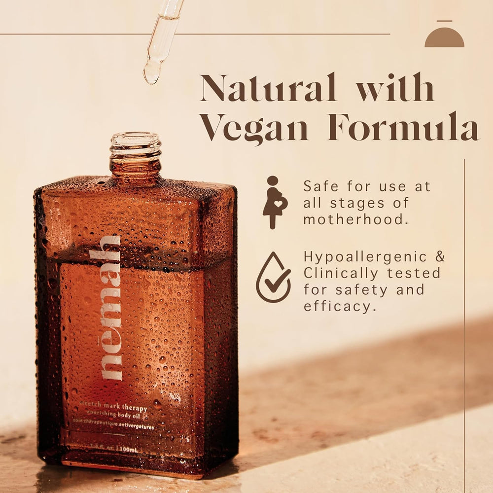 Nemah Belly Oil clean mom formula vegan label.