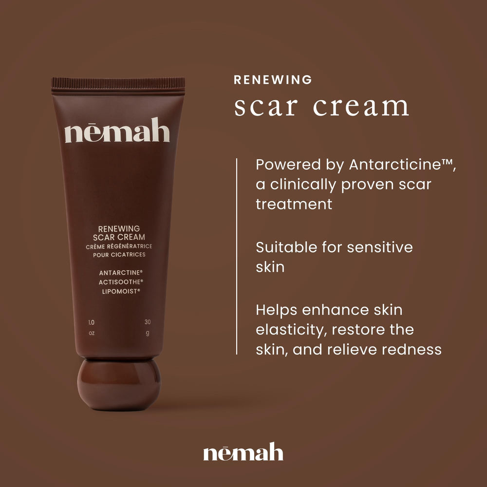 Nemah Restorative Scar Treatment packaging close-up highlighting vegan formulation.