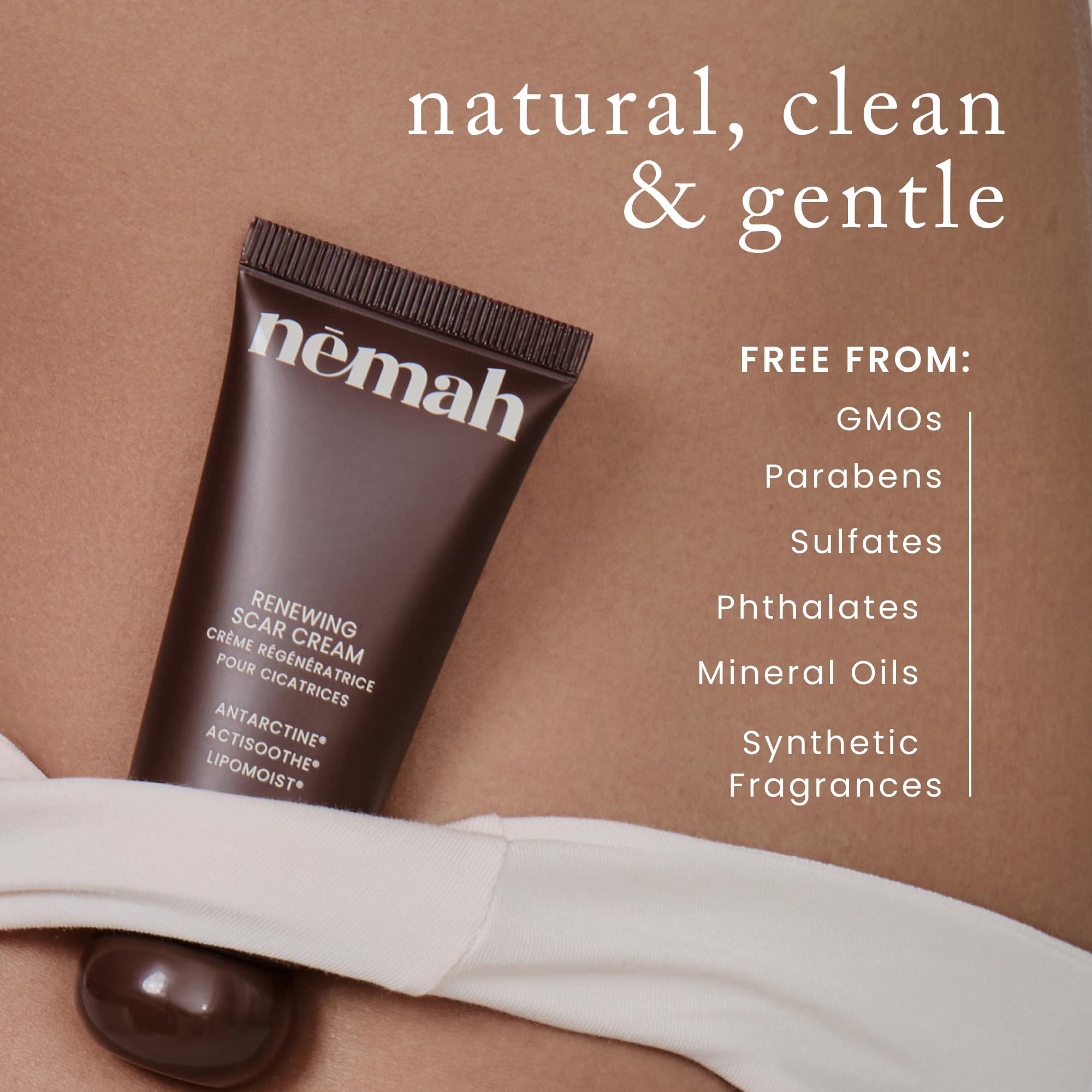 Nemah Restorative Scar Treatment vegan formula badge with EU clean standards.