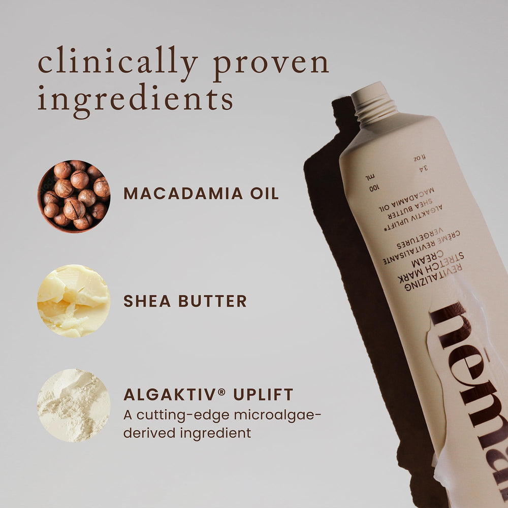 Nemah Stretch Mark Cream applied to belly, hips, and thighs for hydration and elasticity during pregnancy.
