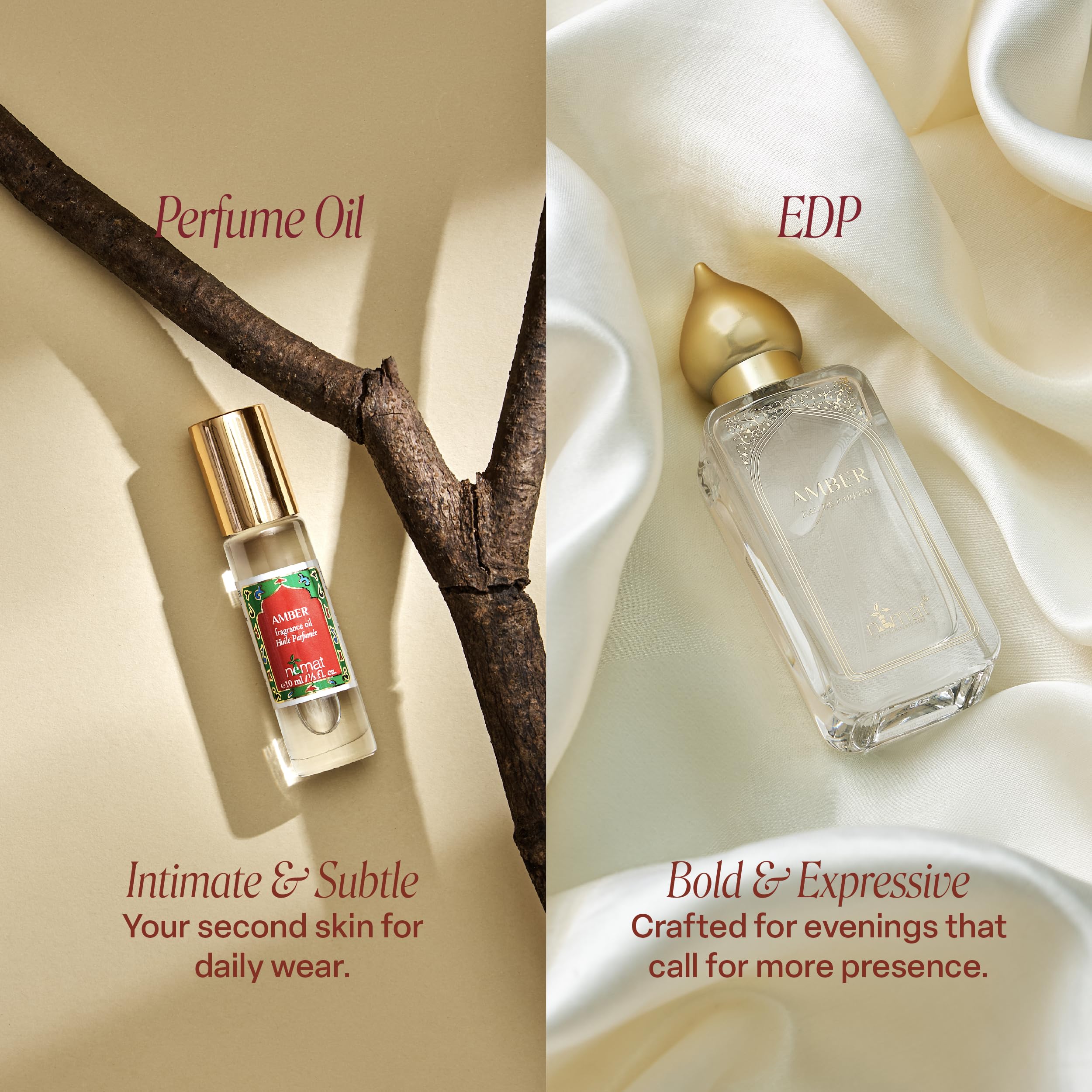 Nemat Amber Roll-On on vanity with complementary fragrances.