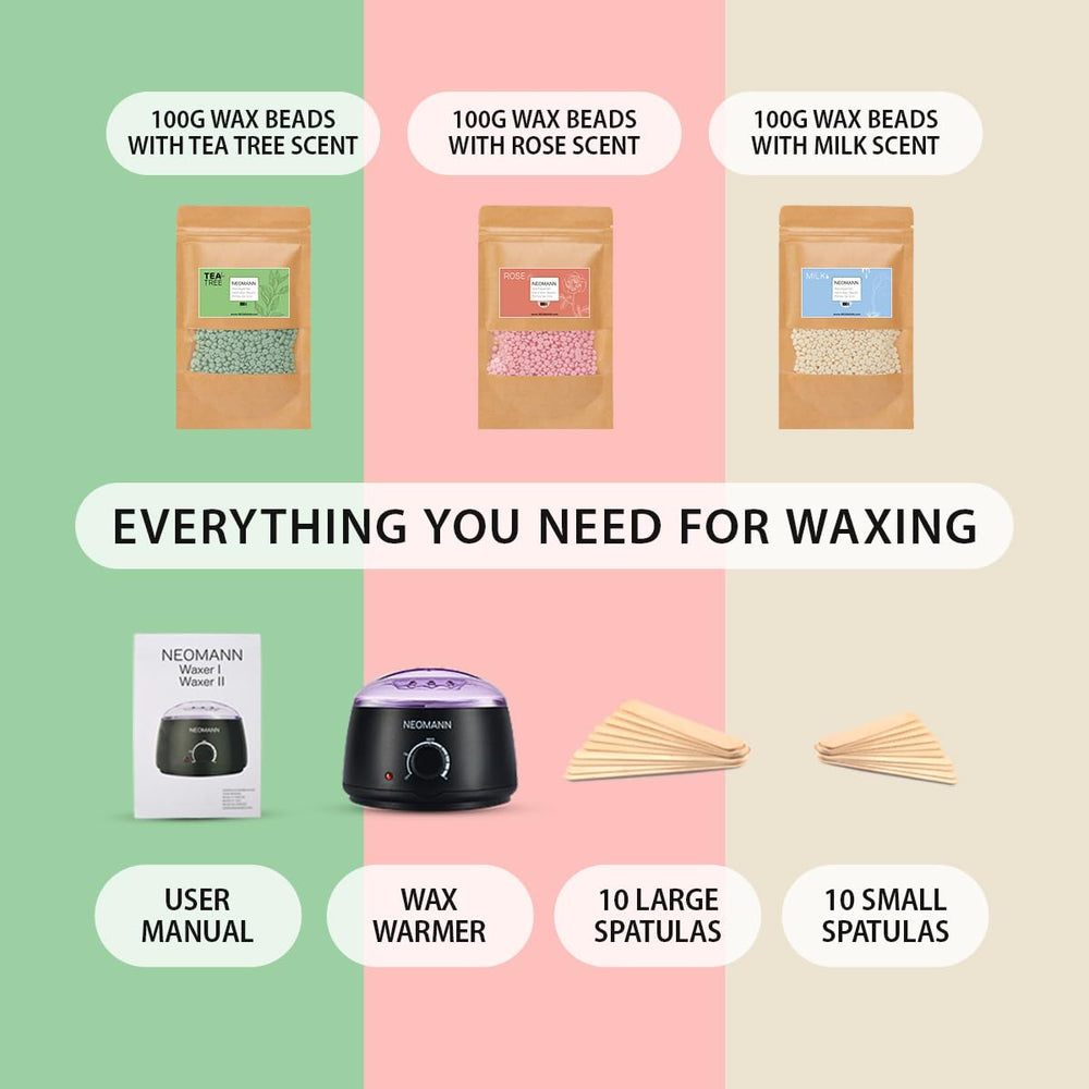 300g wax beads in tea tree, milk, and rose for diverse waxing options.