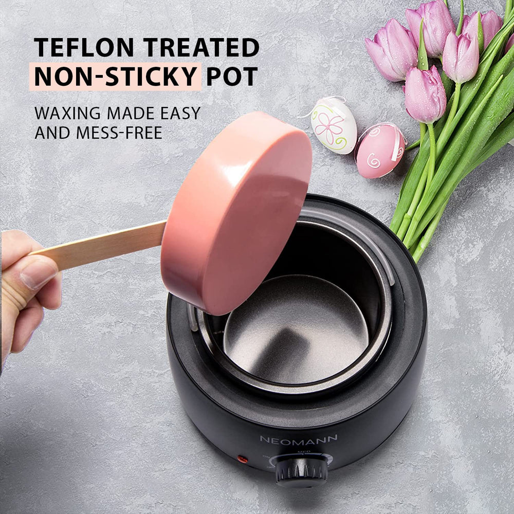 TEFLON-coated wax container enables effortless cleaning after waxing sessions.