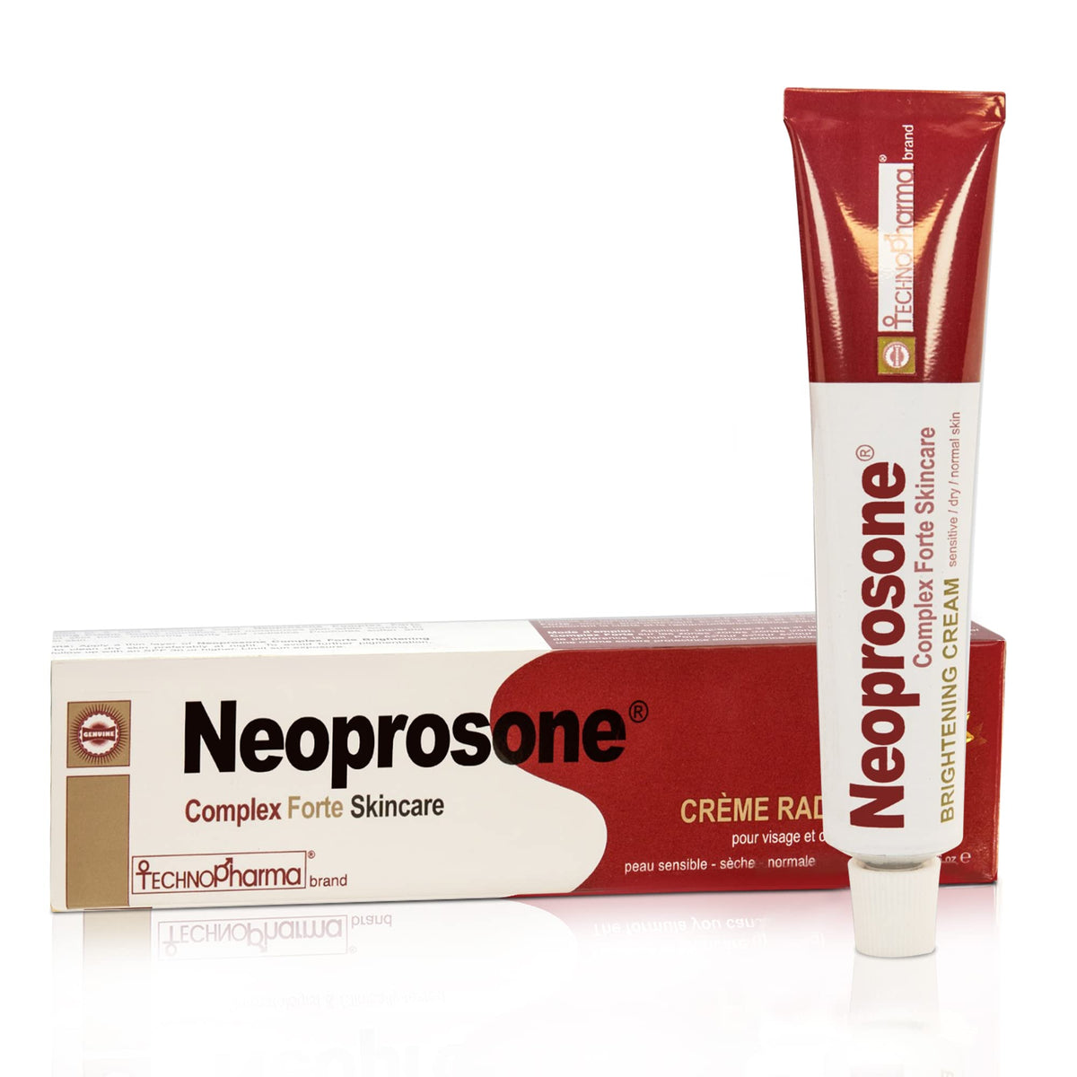 Neoprosone Brightening Cream bottle shown for at-home skincare routine.