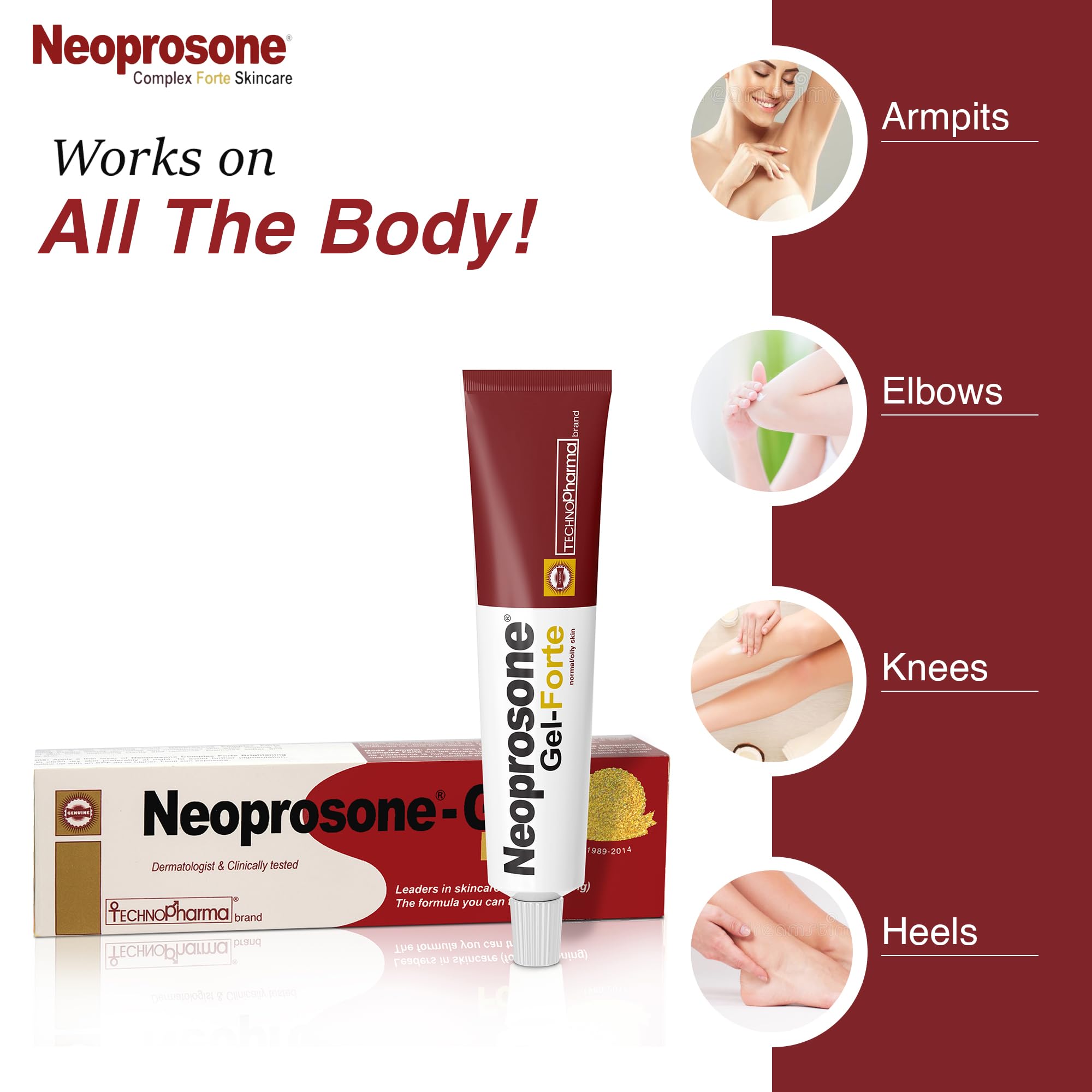 Neoprosone gel shown on knees and armpits for even tone and moisturized skin.