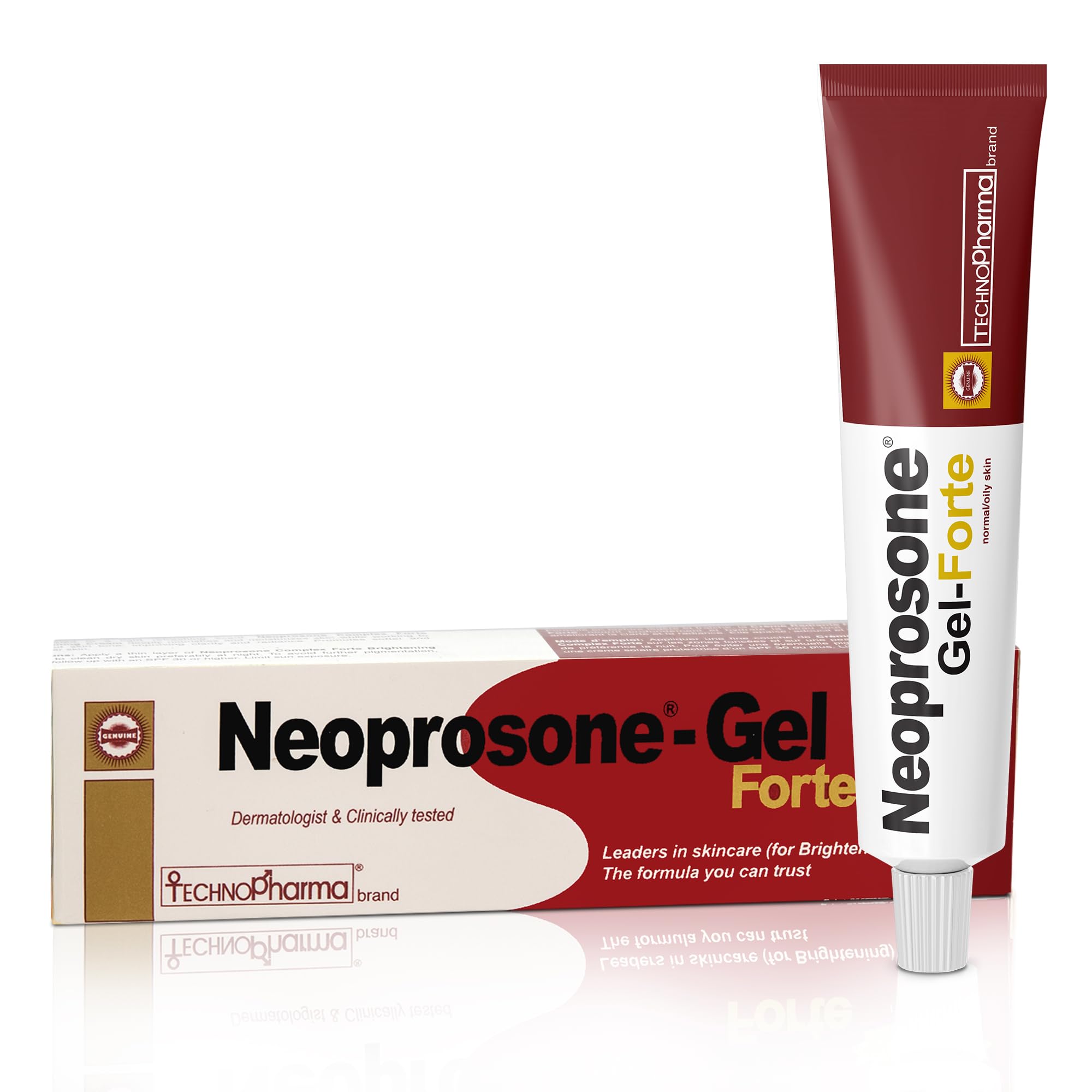 Neoprosone Skin Brightening Gel bottle close-up shows premium formula for even skin tone.