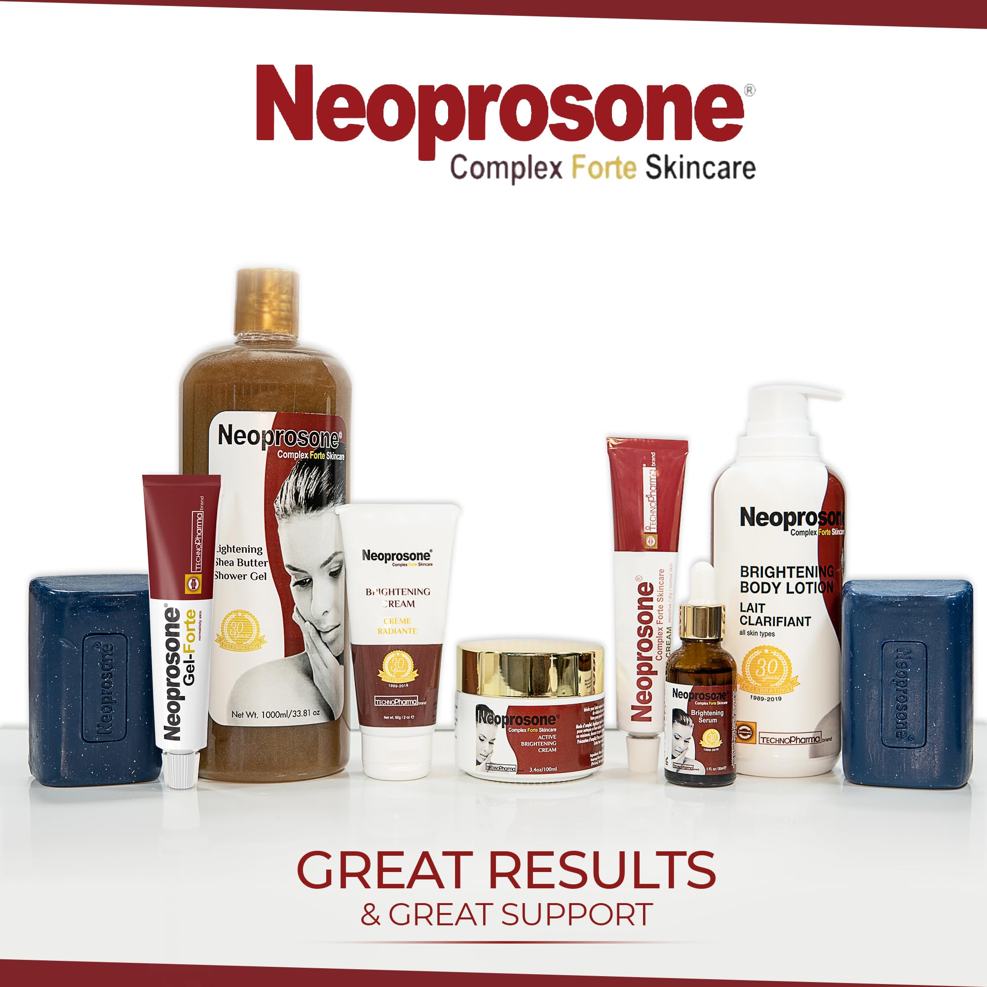 Neoprosone packaging display emphasizes trusted brand and easy-to-use brightening solution.