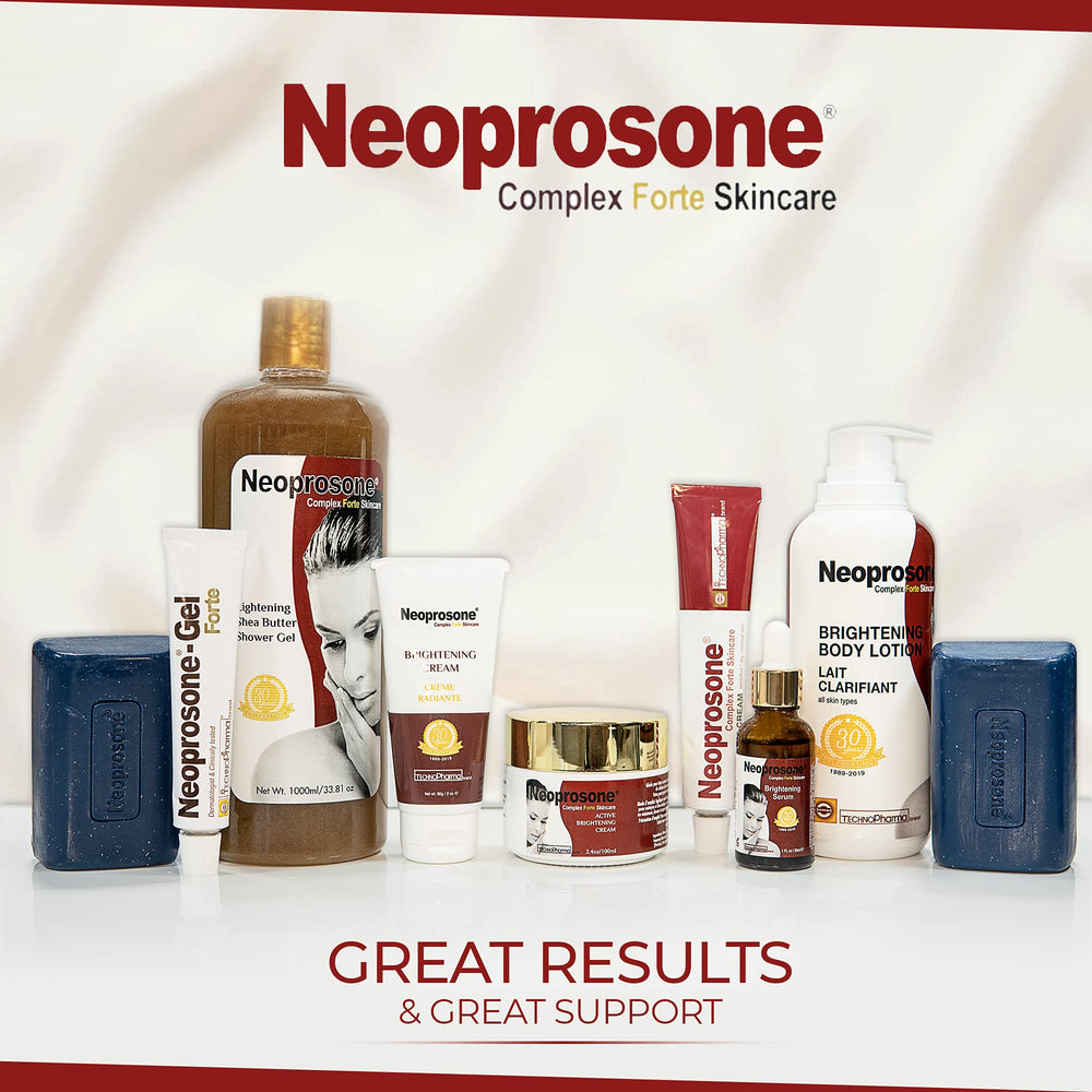 Neoprosone cream on elbows and knees to address uneven tone.
