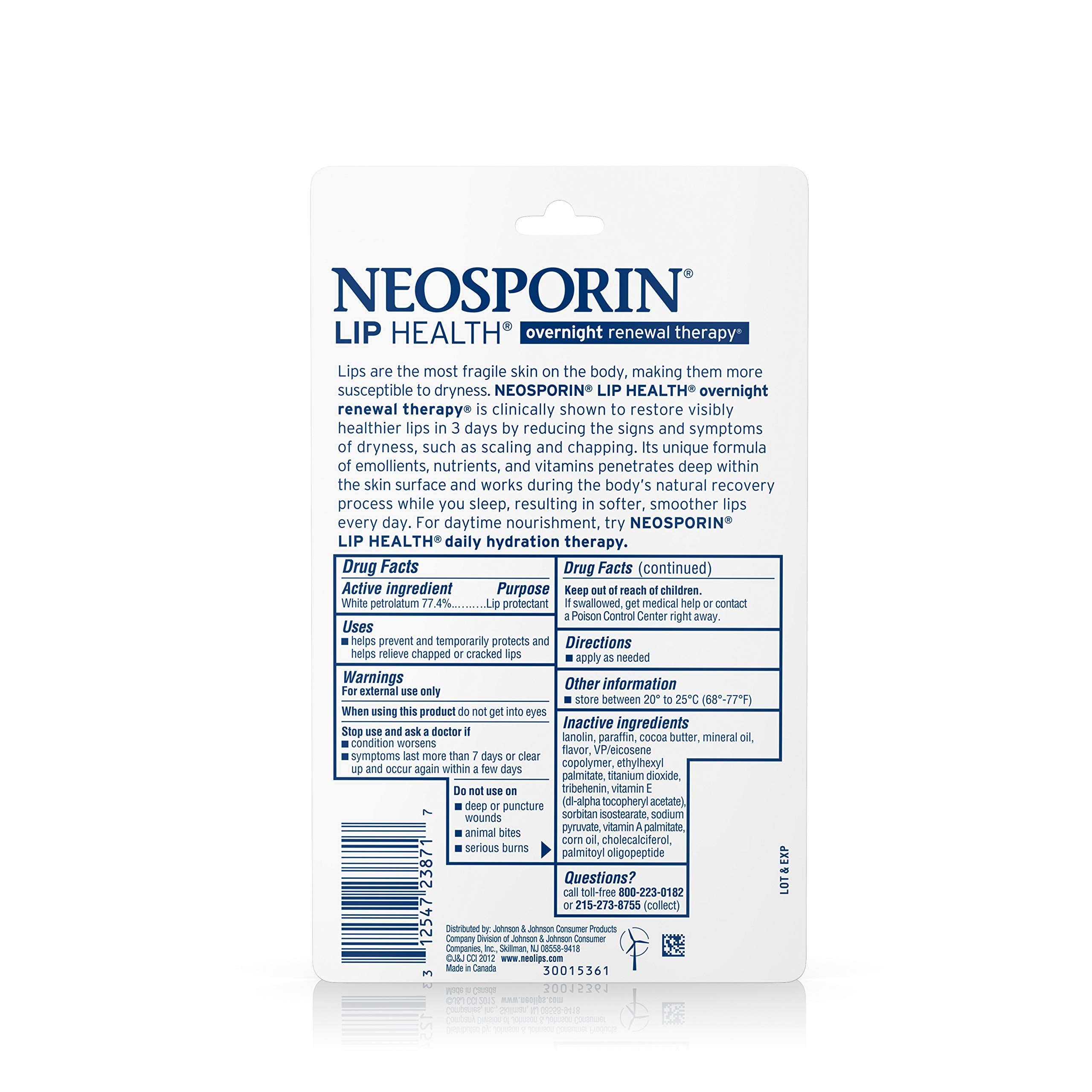 Neosporin Lip Health Overnight Renewal Therapy packaging box highlighting fragrance-free formula