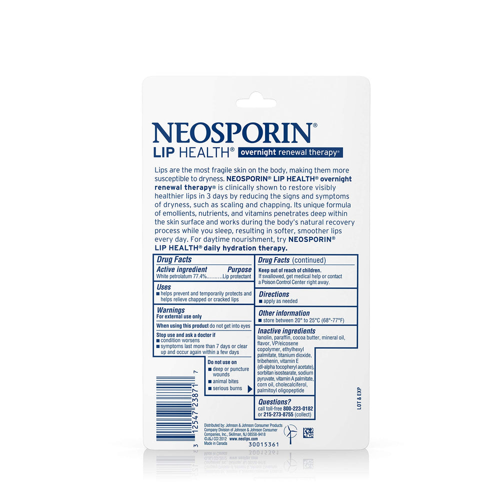 Neosporin Lip Health Overnight Renewal Therapy packaging box highlighting fragrance-free formula