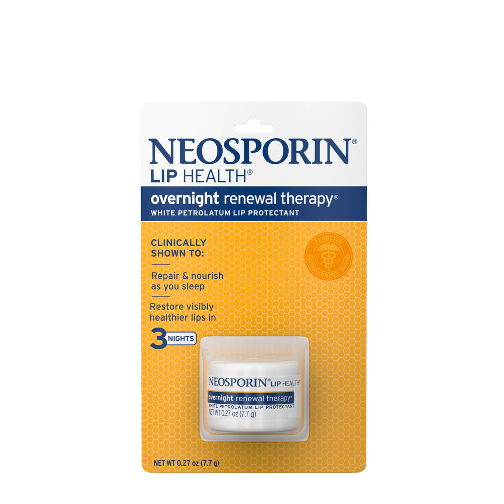 Neosporin Lip Health Overnight Renewal tub close-up highlighting hydration for night use