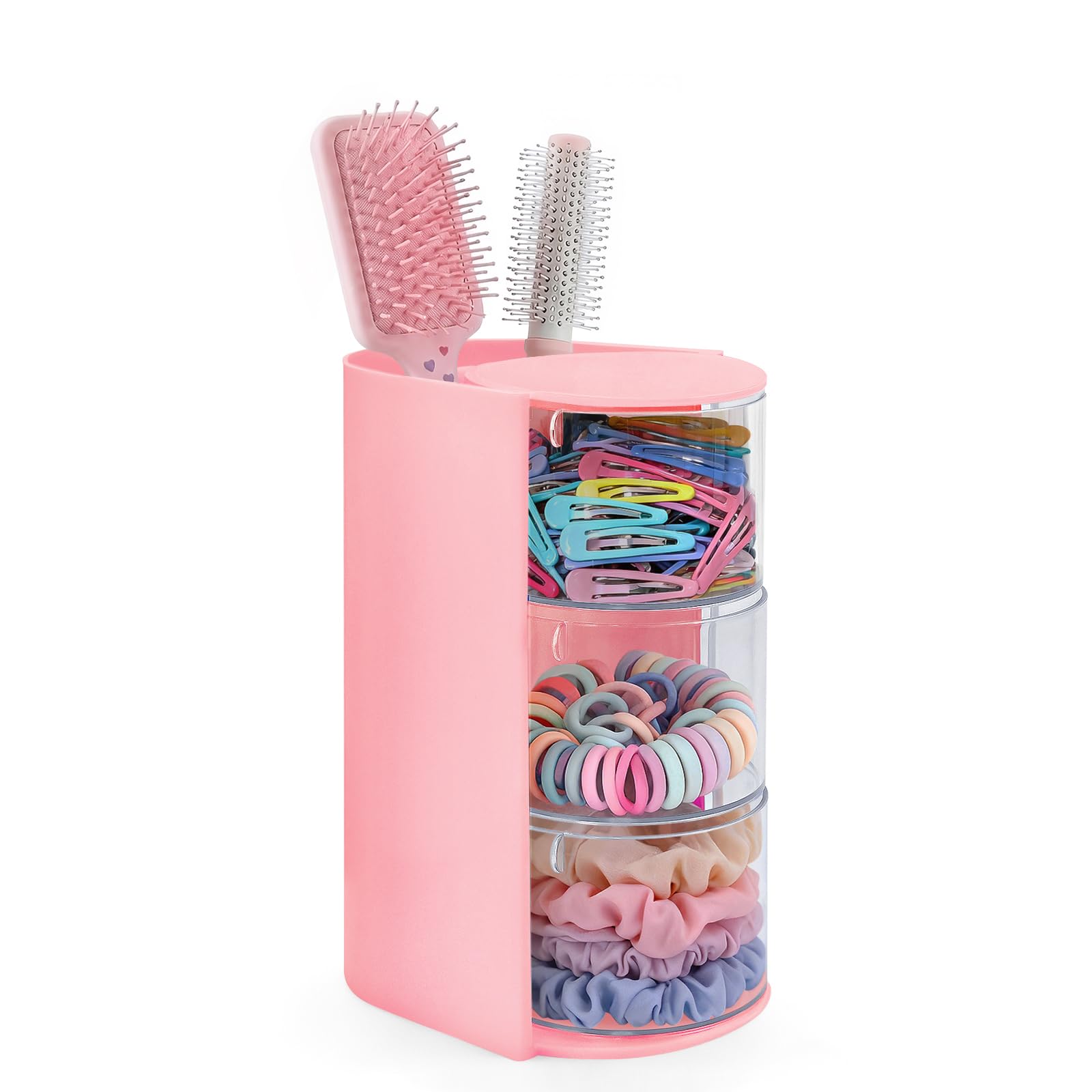 Neotidy hair accessories organizer rotates 180 degrees for easy access to clips and bows.