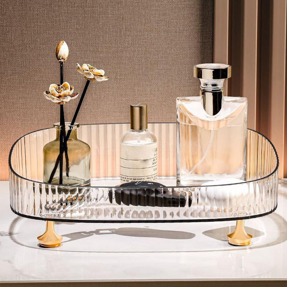 Neotidy clear makeup tray offers see-through visibility for essentials.