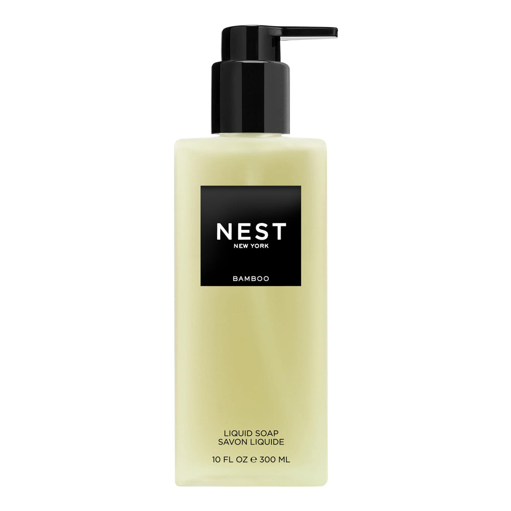 Nest New York Bamboo liquid soap bottle highlighting premium cleansing and skin nourishment.
