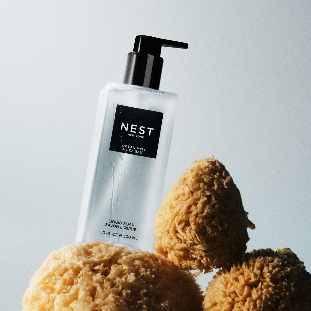 Label detail on Ocean Mist Sea Salt soap bottle with fragrance notes.