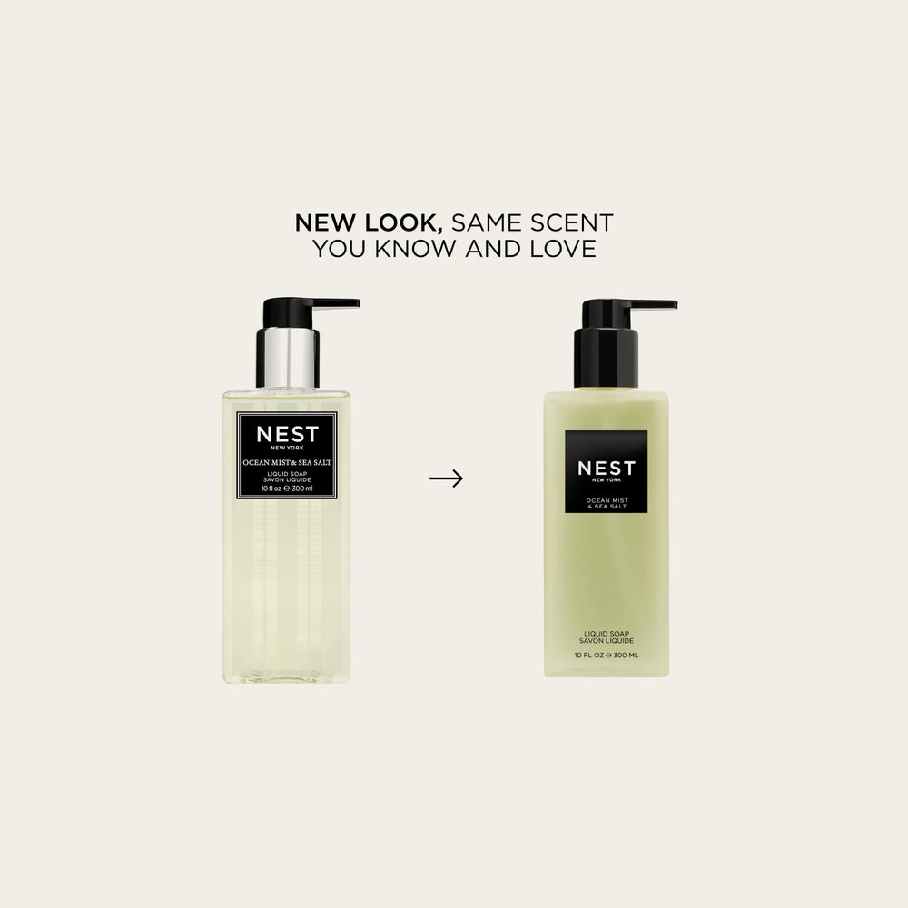 Close-up of Ocean Mist Liquid Soap pump bottle highlighting pump count for daily use.