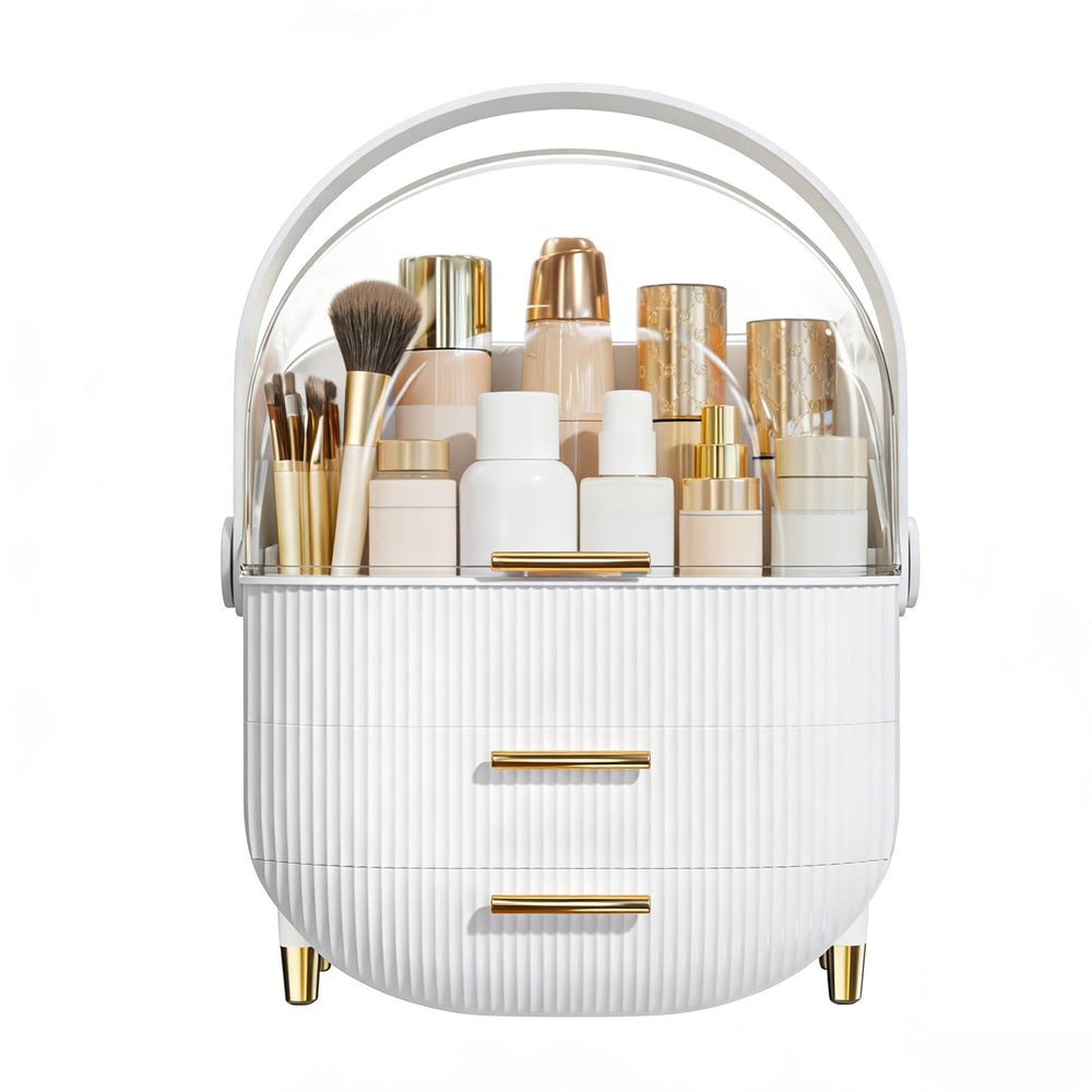 NestOrganix makeup organizer with white body and clear lid for elegant vanity storage.