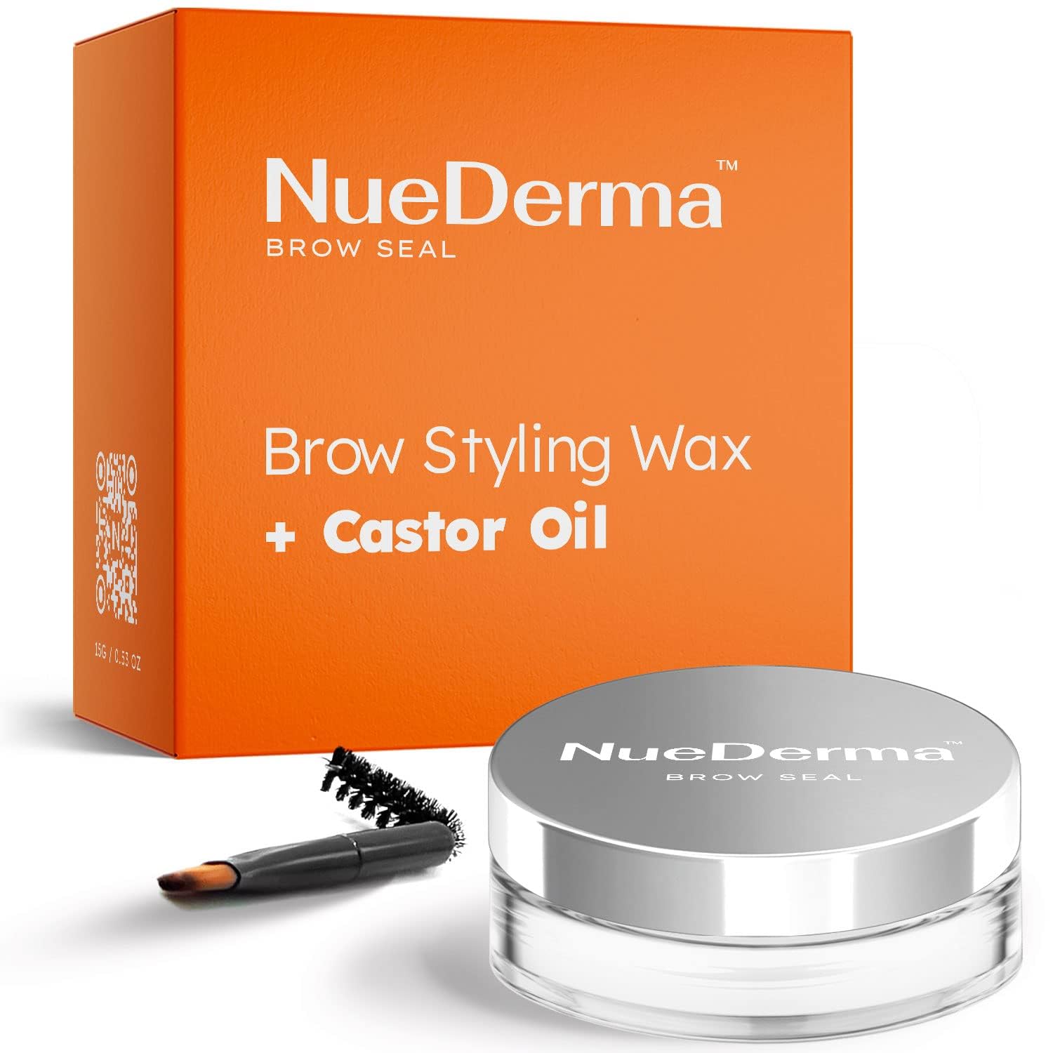 NueDerma Brow Seal en botella con aceite de ricino para definición duradera.