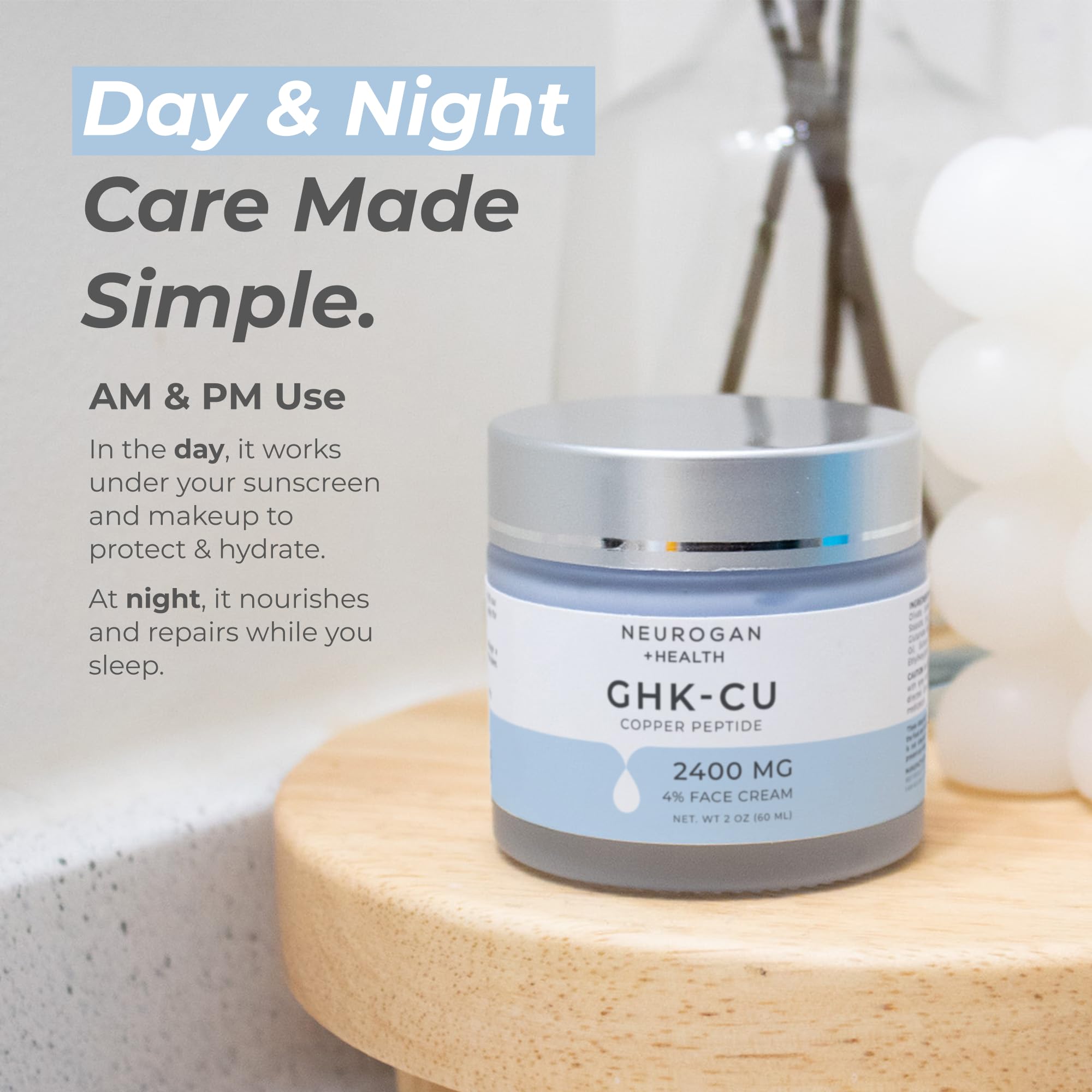 Neurogan GHK-Cu face cream jar in vanity with dewy skin.