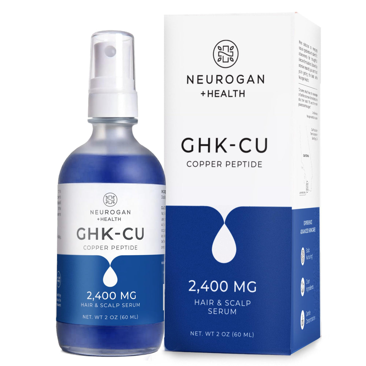 Neurogan GHK-Cu serum bottle closeup highlighting scalp hydration.