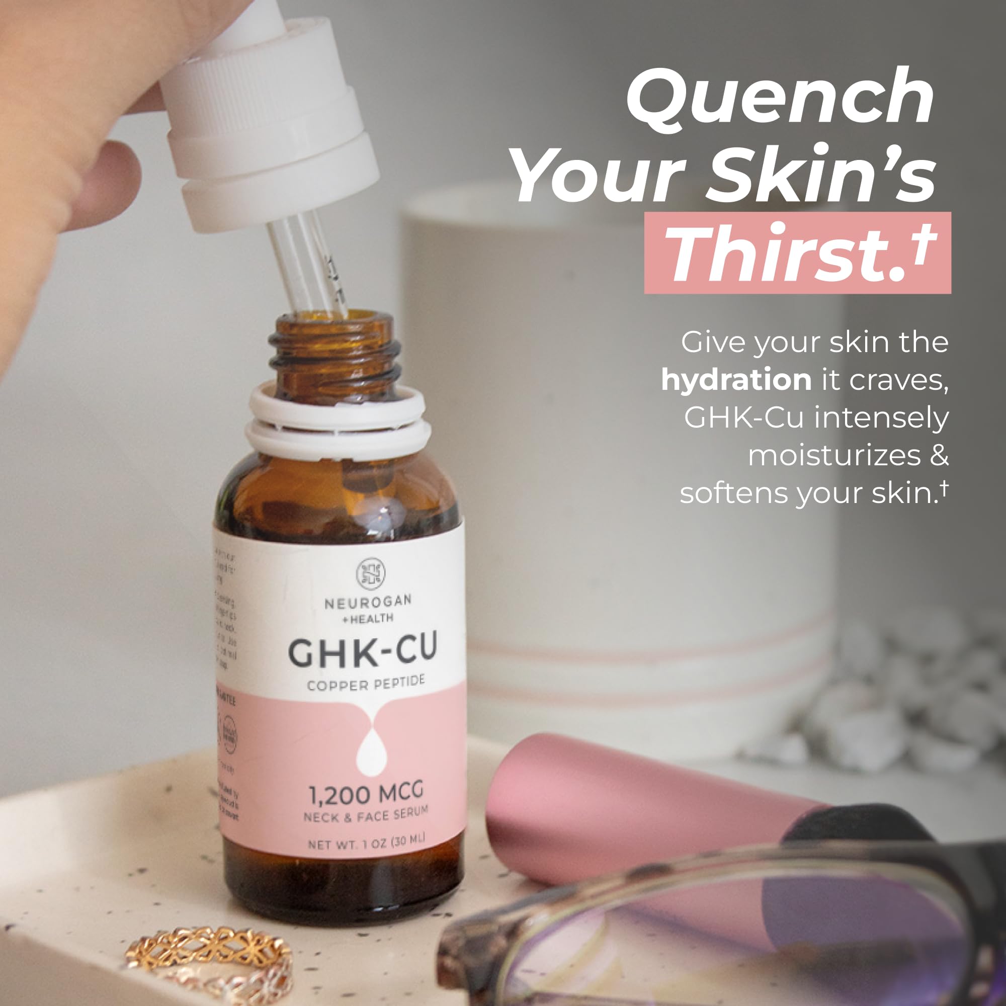 Texture close-up of Neurogan GHK-Cu serum showing lightweight absorption