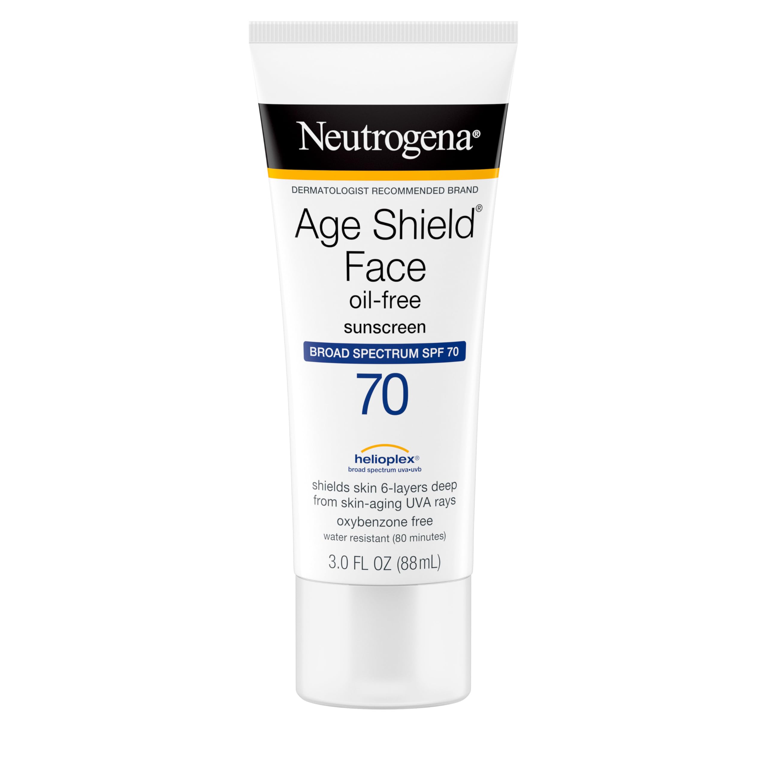 Etiqueta SPF 70 de Neutrogena Age Shield, protección amplia para la piel.