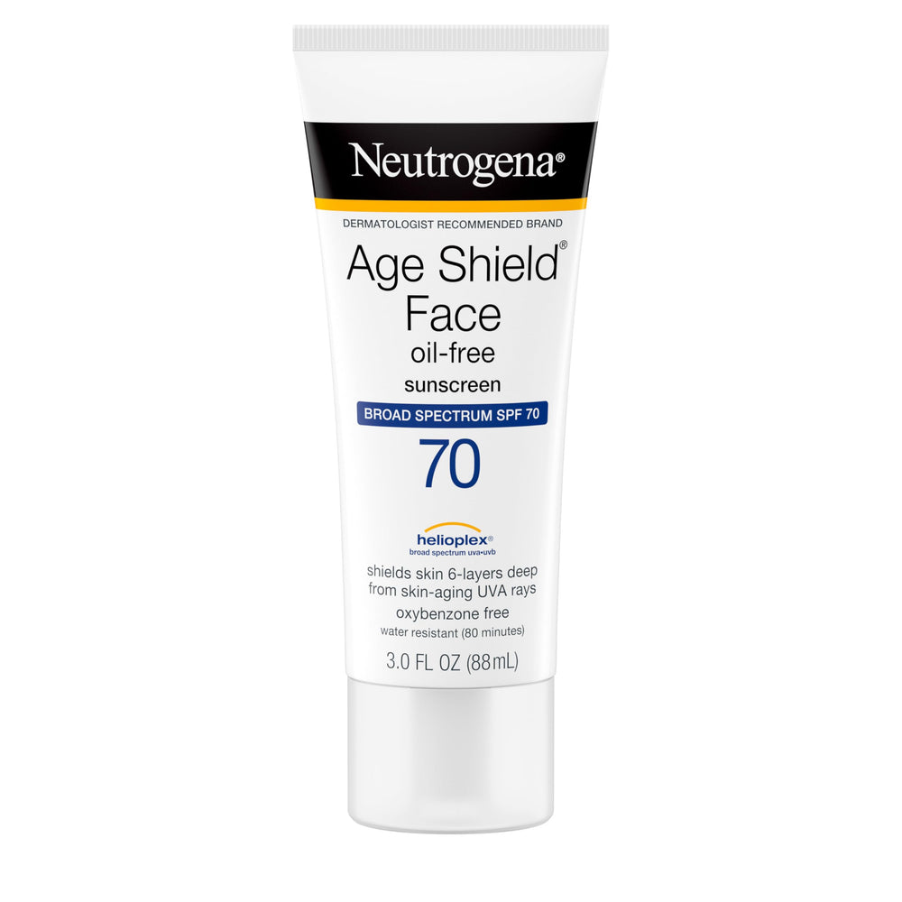 Etiqueta SPF 70 de Neutrogena Age Shield, protección amplia para la piel.