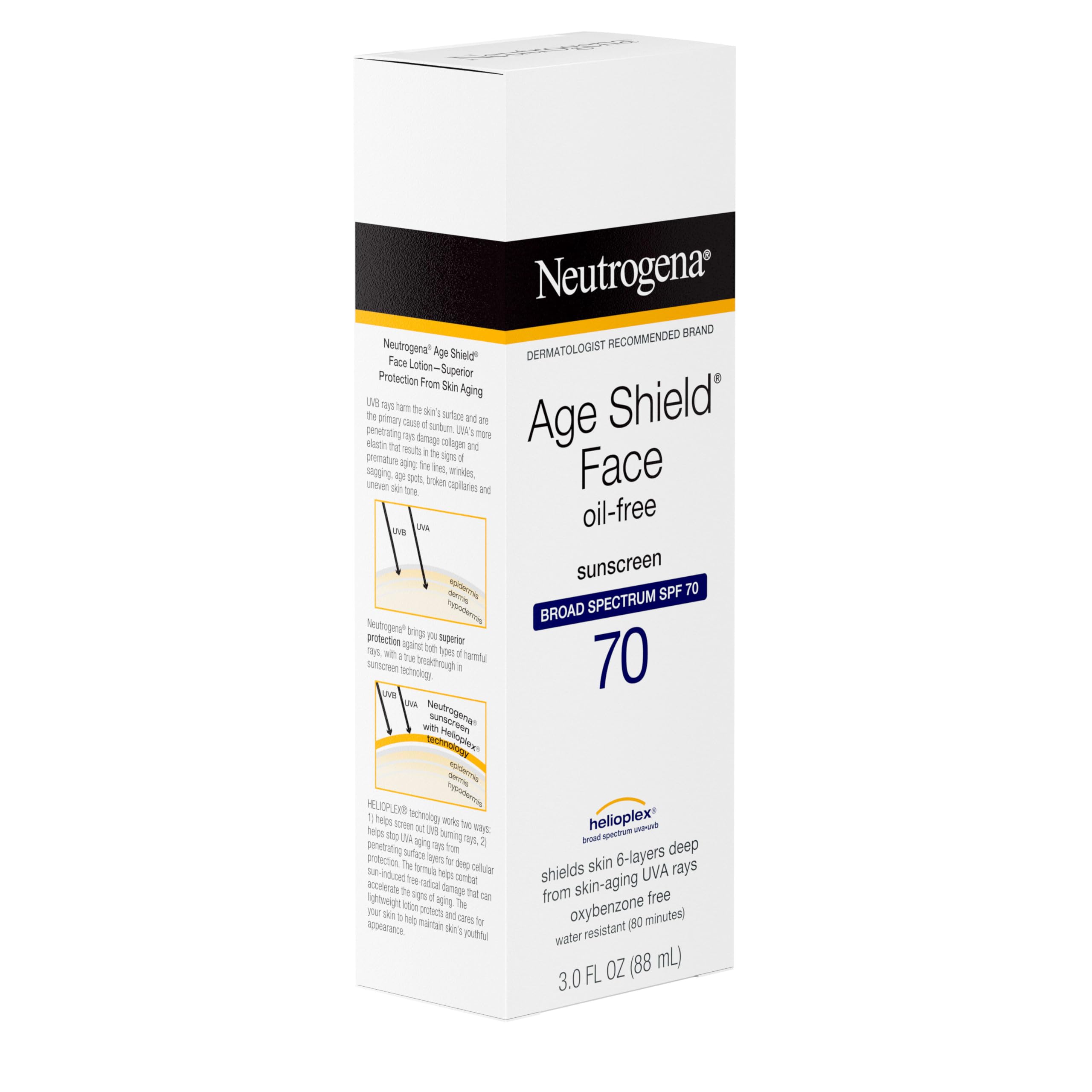 Neutrogena Age Shield sin oxybenzone, protección UVA/UVB más limpia.