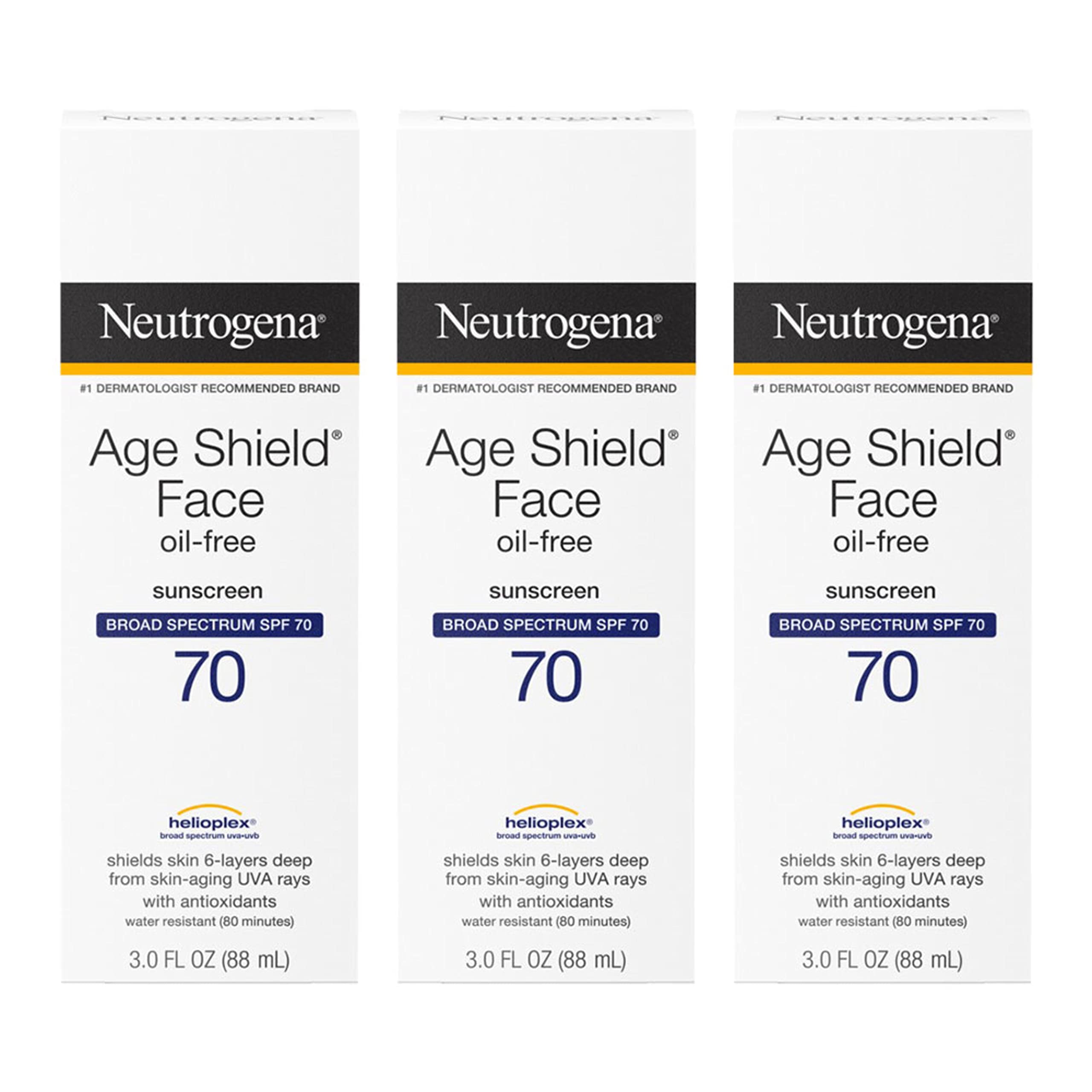 Neutrogena Age Shield SPF 70 bottle front for daily sun protection and broad spectrum defense.