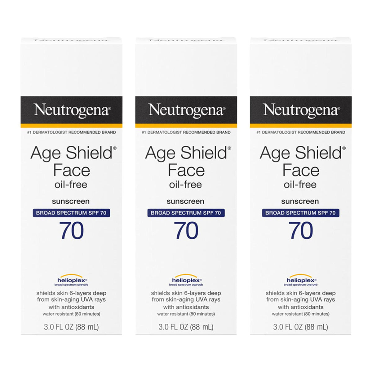 Neutrogena Age Shield SPF 70 bottle front for daily sun protection and broad spectrum defense.