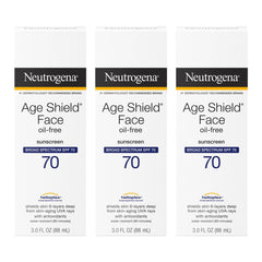 Neutrogena Age Shield SPF 70 bottle front for daily sun protection and broad spectrum defense.