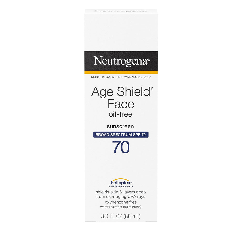 Neutrogena Age Shield SPF 70 packaging shown with broad spectrum protection details.