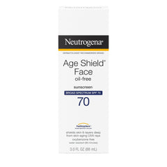 Neutrogena Age Shield SPF 70 packaging shown with broad spectrum protection details.