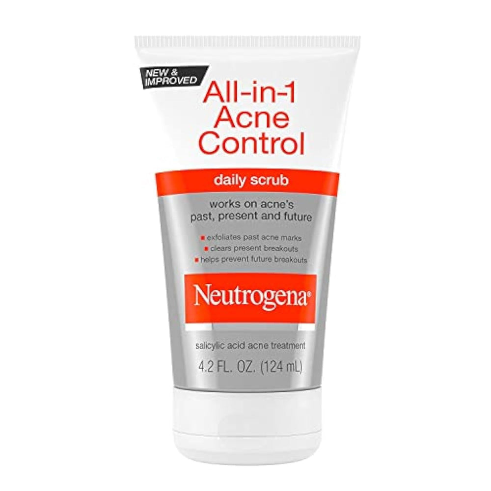 Neutrogena All-In-1 Acne Control face scrub tube front view highlights the product for clearer skin.