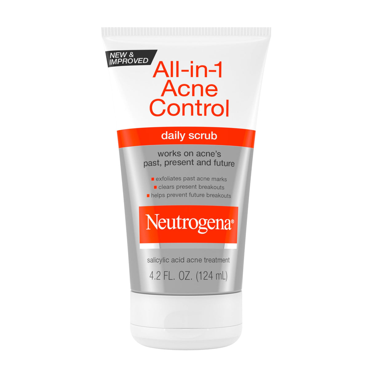 Neutrogena All-In-1 Acne Control Scrub bottle front promotes clearer-looking skin