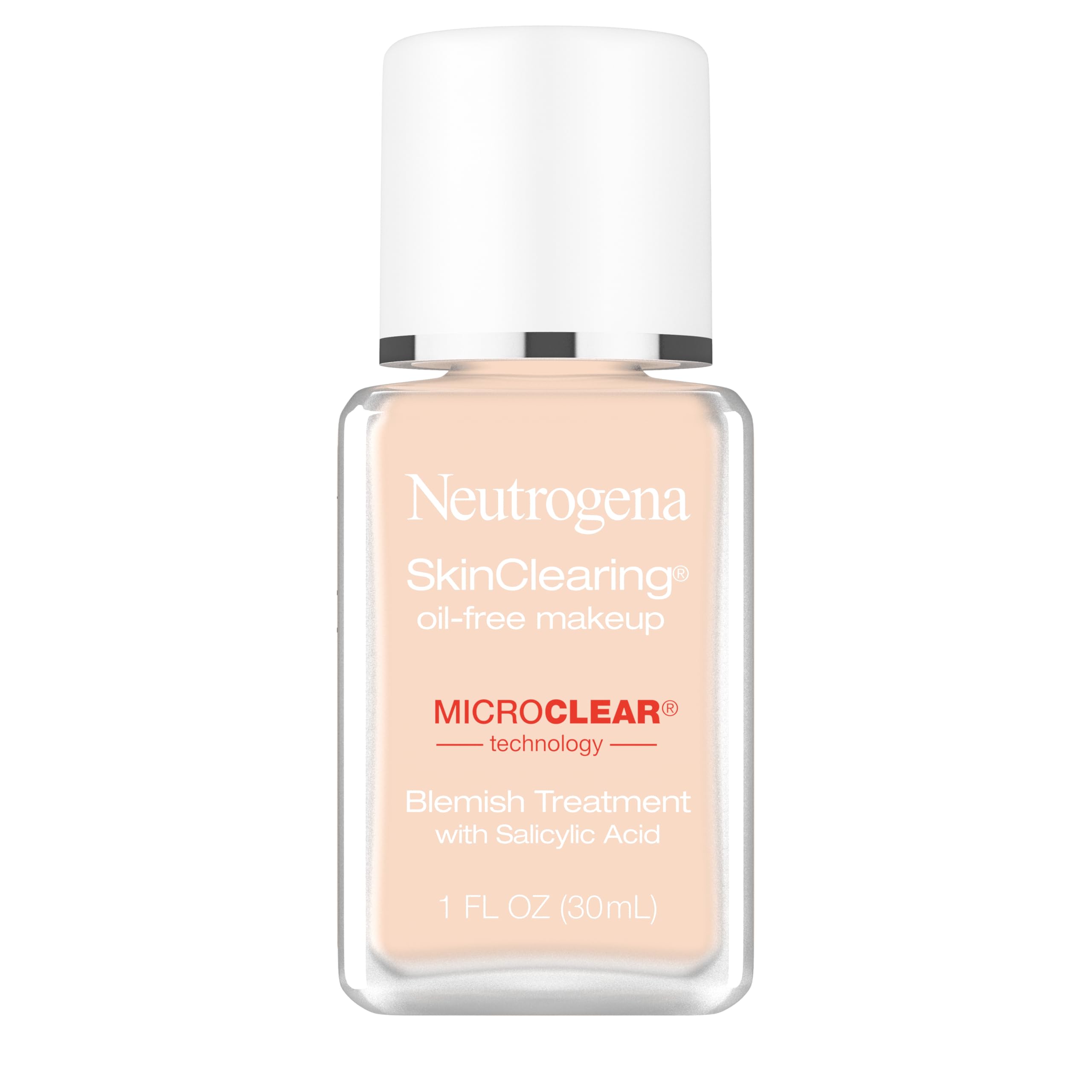 Base Neutrogena SkinClearing en botella marfil clásico para cobertura natural.