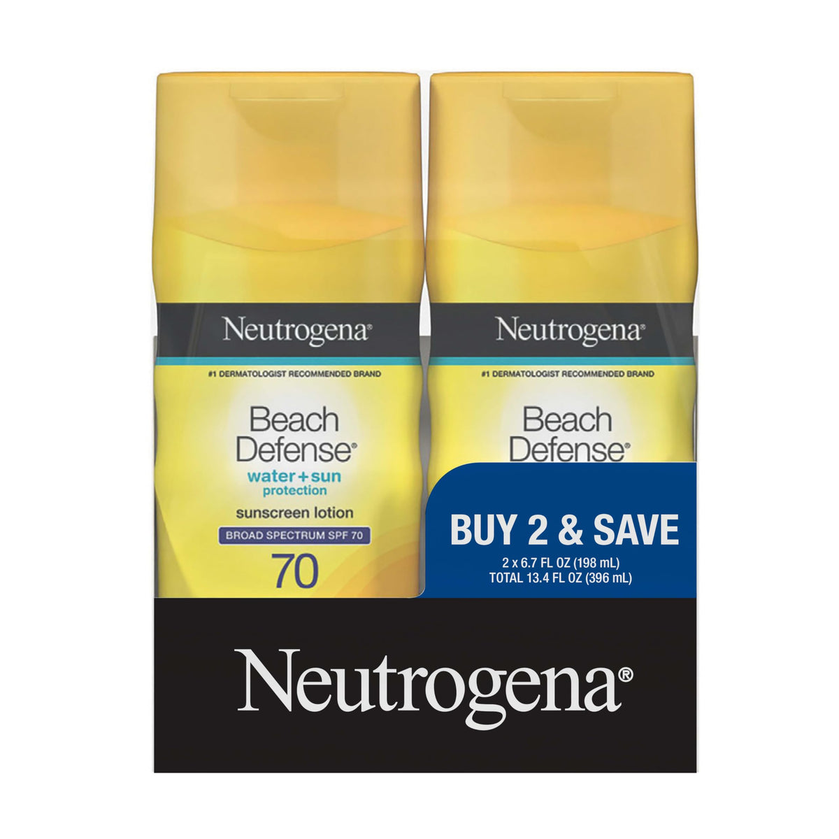 Neutrogena Beach Defense SPF70, paquete doble, protección para cara y cuerpo en la playa.