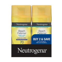 Neutrogena Beach Defense SPF70, paquete doble, protección para cara y cuerpo en la playa.