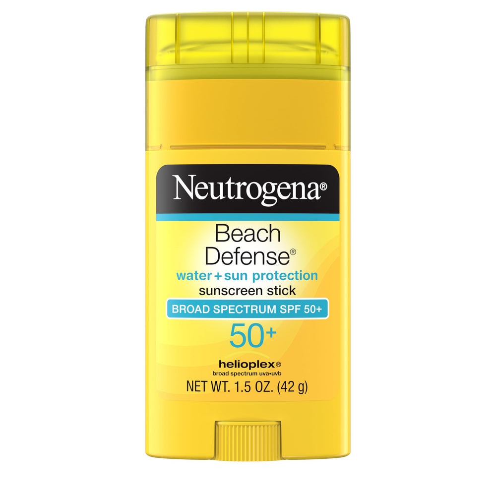 Neutrogena Beach Defense Sunscreen Stick SPF 50 packaging shown for travel size outdoor use