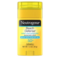 Neutrogena Beach Defense Sunscreen Stick SPF 50 packaging shown for travel size outdoor use