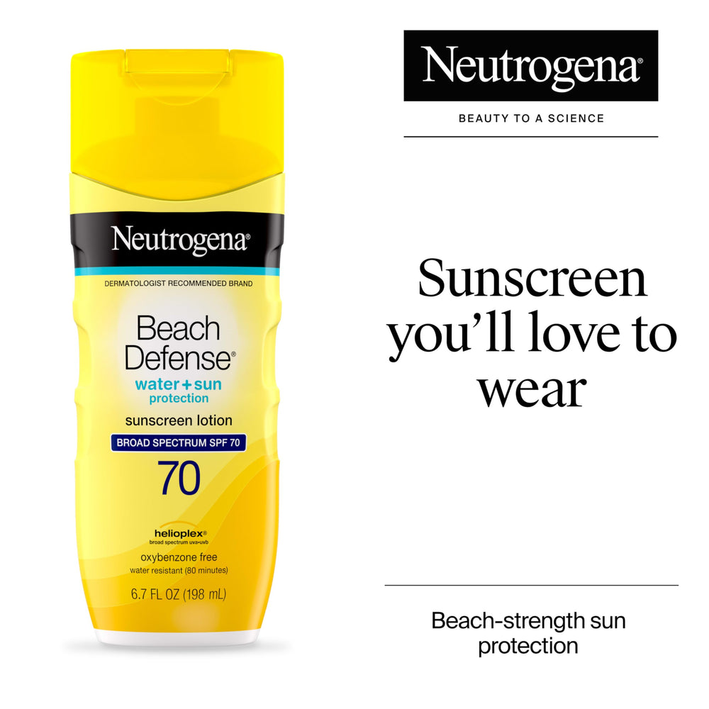 Textura ligera de Neutrogena Beach Defense, aplicación sin grasa para piel limpia.
