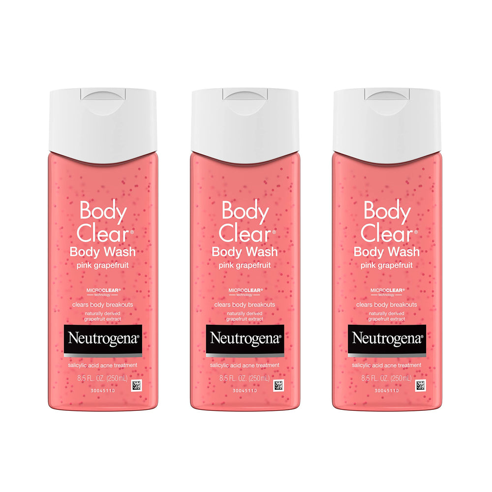 Neutrogena Body Clear bottle with pink grapefruit fragrance for daily breakout care.