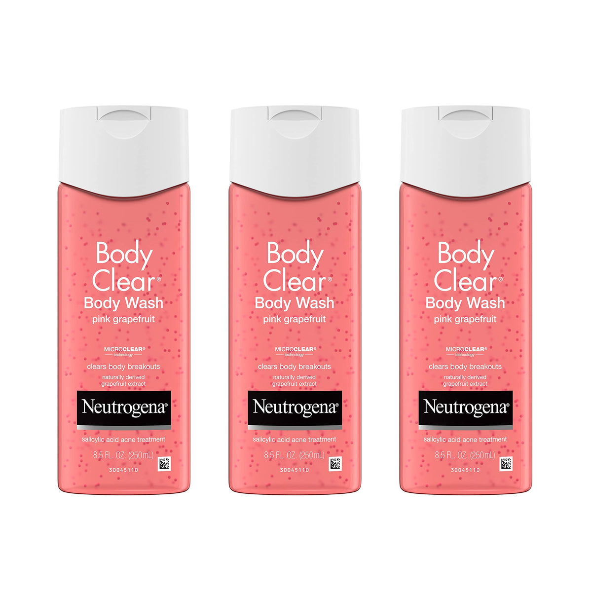 Neutrogena Body Clear bottle with pink grapefruit fragrance for daily breakout care.