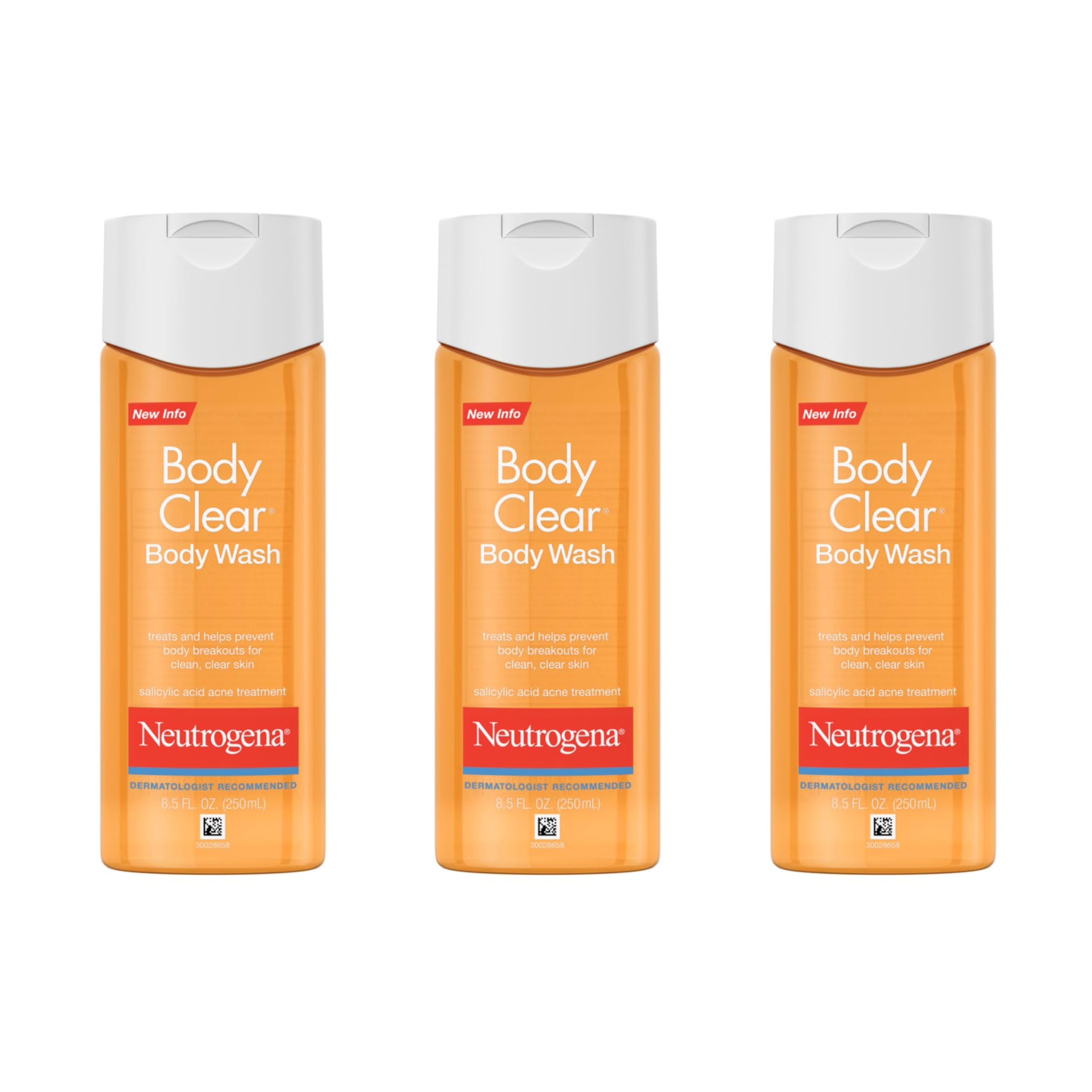 Neutrogena Body Clear back image shows acne-fighting wash for clearer skin.